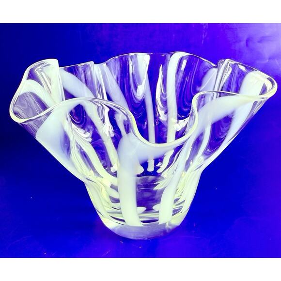 Handkerchief Vase Murano Style Art Glass Ruffled Bowl Hand Blown 4.5” W/ Stripes - Picture 2 of 9
